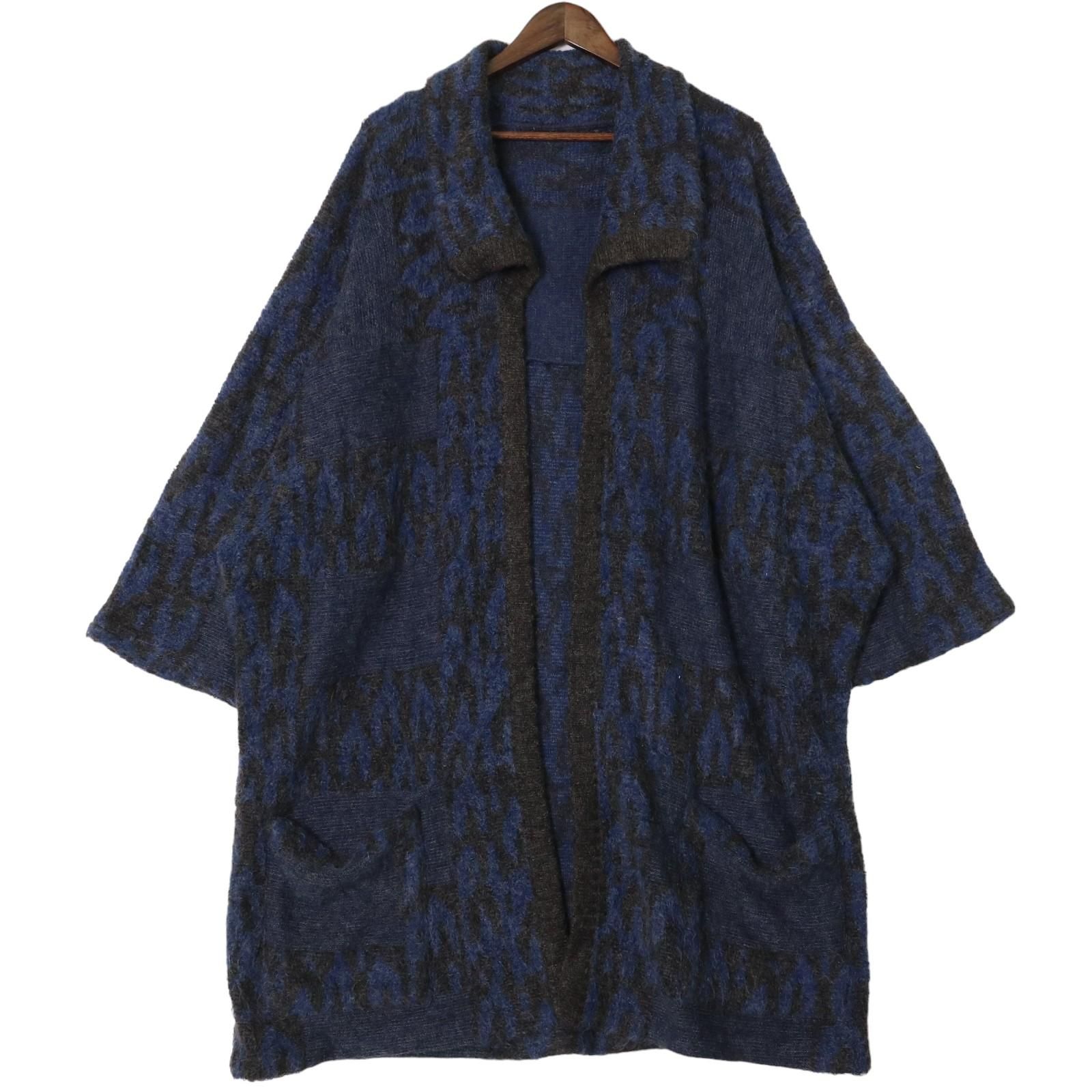 00年代 イタリア製 アクリルモヘア ロング カーディガン 総柄 ブルー (メンズ L相当)  古着 A1255