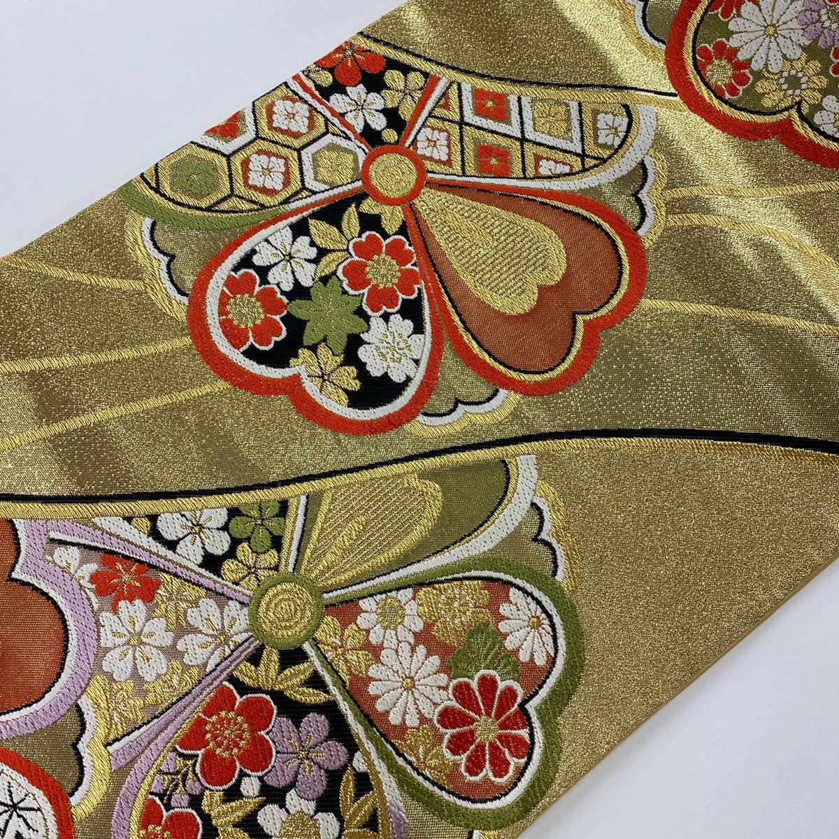袋帯 美品 秀品 振袖向き 桜 草花 金糸 箔 金色 六通 正絹