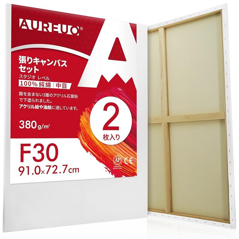 AUREUO 張りキャンバス セット F30 91.0cmX72.7cm 中目 100％コットン 2枚 初心者 絵画用具 芸術絵創作 現代油絵 美術装飾 水彩画 油絵画 アクリル兼用 1