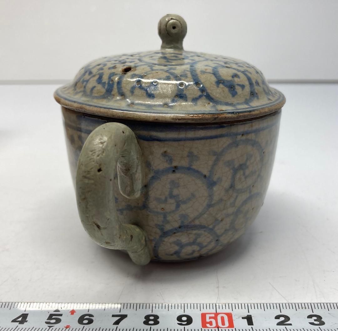 江戸時代　唐草模様急須　木箱付　横幅12.5㎝　東Y6-0319①タウチ 江戸時代 唐草模様急須 木箱付 横幅12.5㎝ 東Y6-0319①タウチ