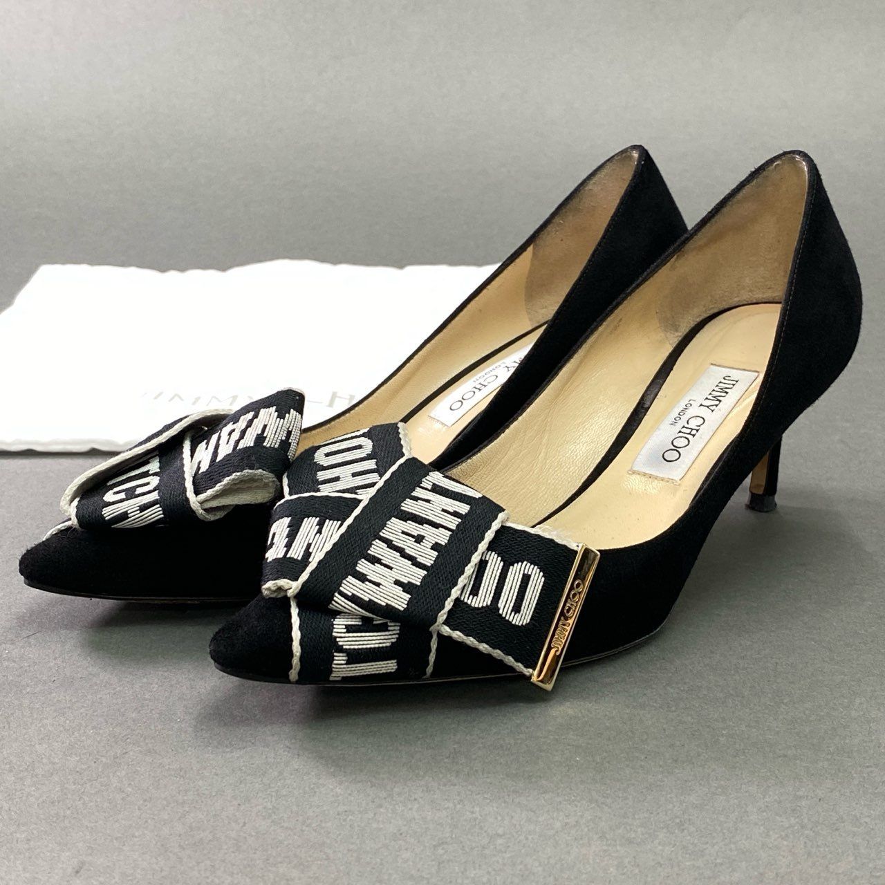2d21 JIMMY CHOO ジミーチュウ Tegan ティーガン リボンパンプス 39 ブラック スエード シューズ イタリア製