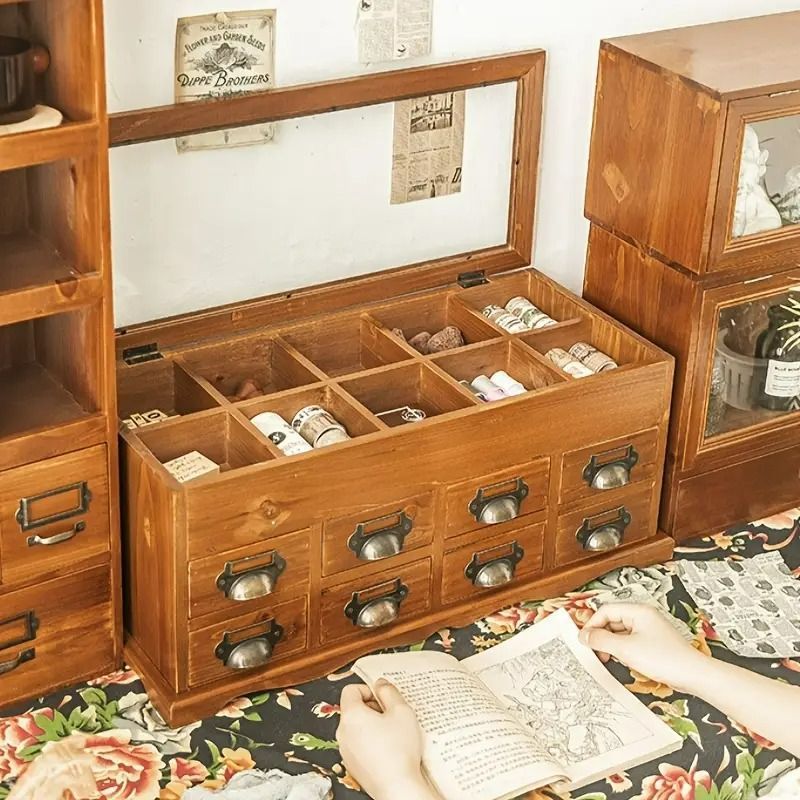収納ボックス ヴィンテージ調 木製 引き出し付き 多層ガラス製 手芸用品 小物入れ 卓上 デスクワーク アトリエ インテリア ナチュラル シンプル お洒落 デスクトップ 針糸 収納家具 qq7P320