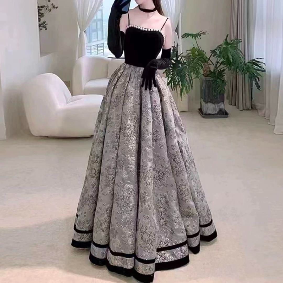 レディースファッション パールに花柄に裾のラインがオシャレで イブニングドレス