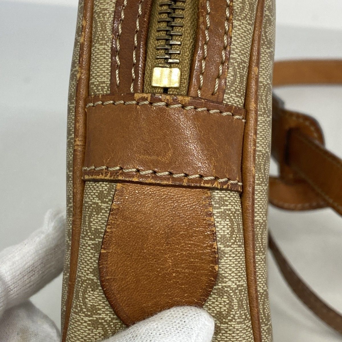 5ic4142】セリーヌ ショルダーバッグ マカダム PVC ベージュ ブラウン  