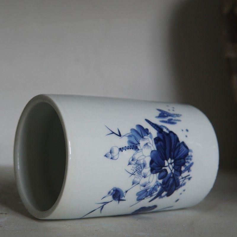 青花帽子筆筒 筆置 筆入 書道具 文房具 現代工芸品 美術品 装飾品 青花荷塘情趣陶磁筆筒 書道具 文房具 現代工芸品 美術品 置物