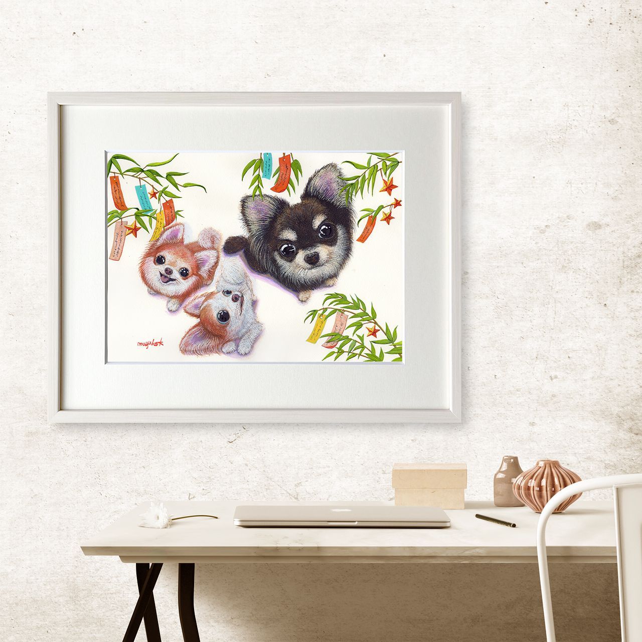 可愛い置物 チワワ】うちの子絵画『天までとどけ』イラスト（額・マット付き