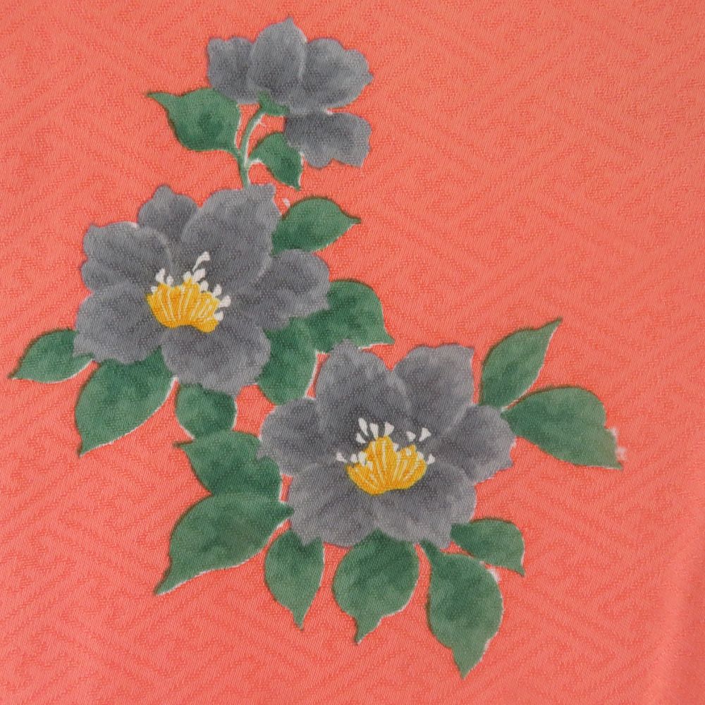 子供着物 オレンジ色x緑色 バチ衿 花模様 女児用 絹 身丈151cm - メルカリ