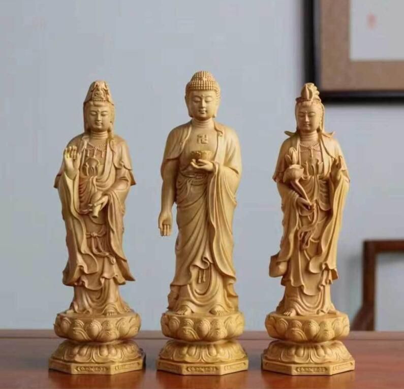 仏教美術 阿弥陀如来 観音菩薩 大勢至菩薩像 三尊立像 ツゲ 木彫仏像