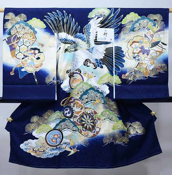 お宮参り 産着 のしめ 男児 正絹 金刺繍 豪華絢爛 紺地 鷹 NO41120