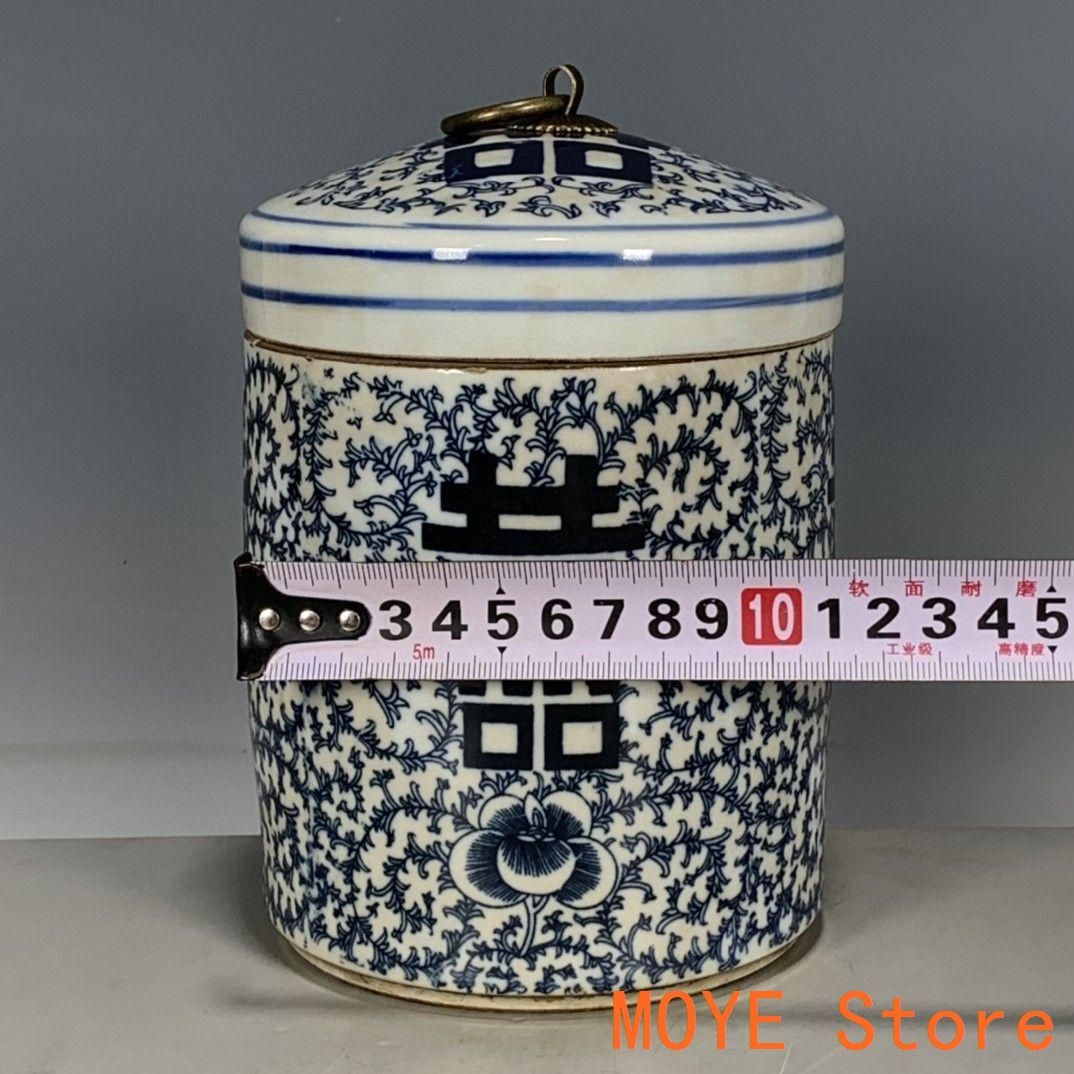 青花喜字の茶筒  景徳鎮 陶磁器 装飾品 現代工芸品  美術品 置物 中国茶器 青花喜字茶壺 茶道具 景徳鎮 陶磁器 装飾品 現代工芸品