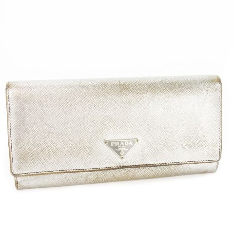 プラダ PRADA 長財布 ロングウォレット 二つ折り 小銭入れあり レザー 革 三角ロゴ ハク メタリック シルバー |CK2 GY35