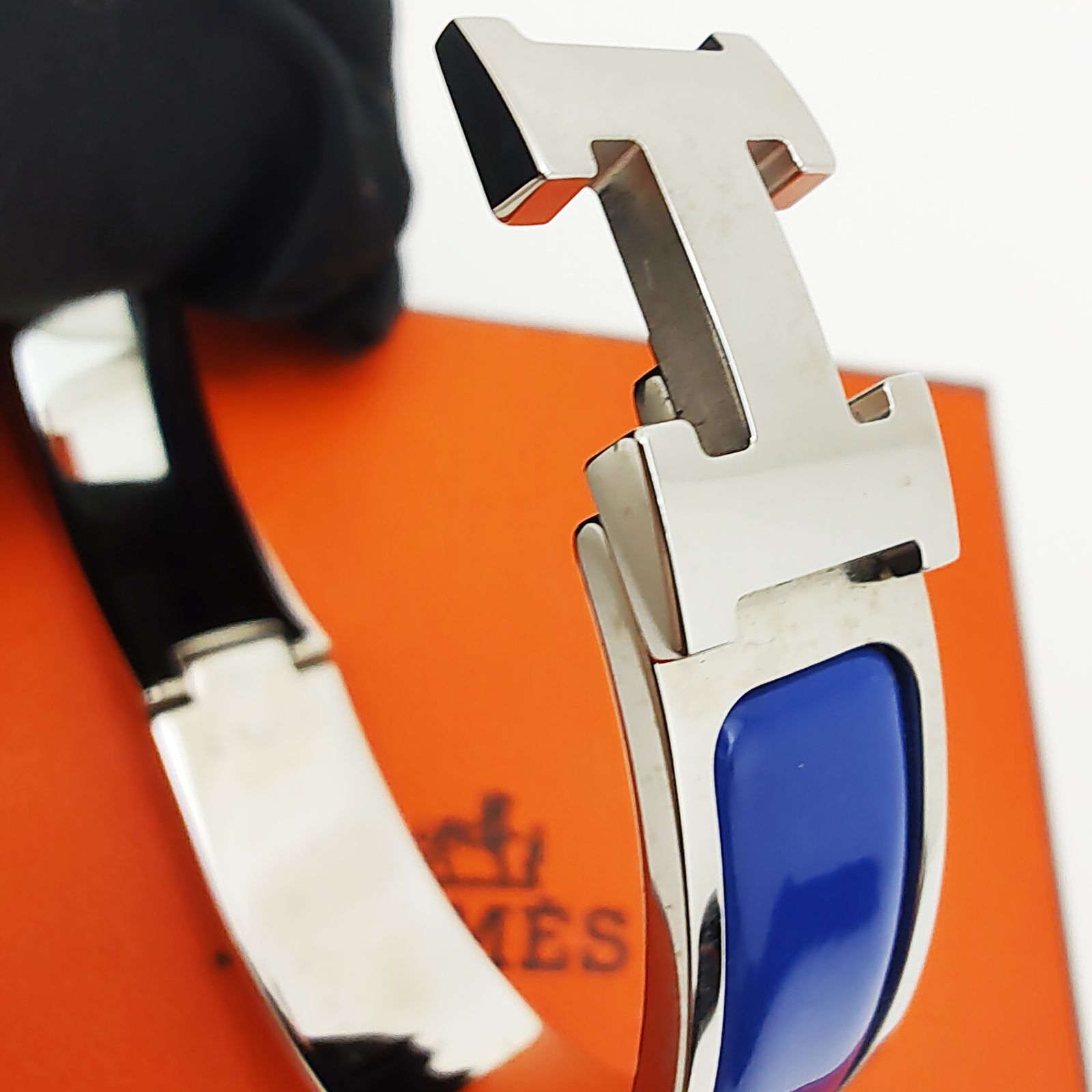 エルメス Hバングル クリッククラックPM ブレスレット シルバー ブルー