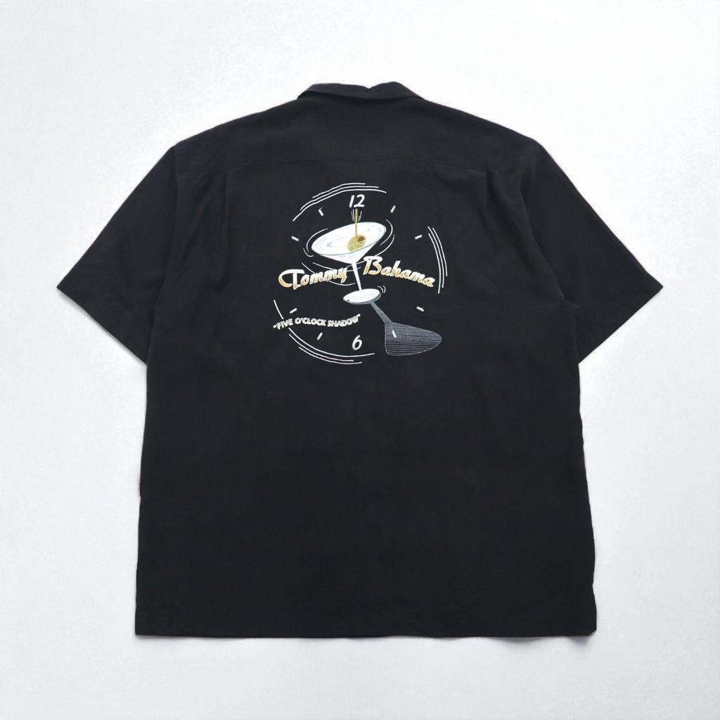  Bahama 希少デザイン シルク 総柄 アロハシャツ 開襟 黒 TOMMY BAHAMA シルク オープンカラーシャツ 開襟 アロハシャツ