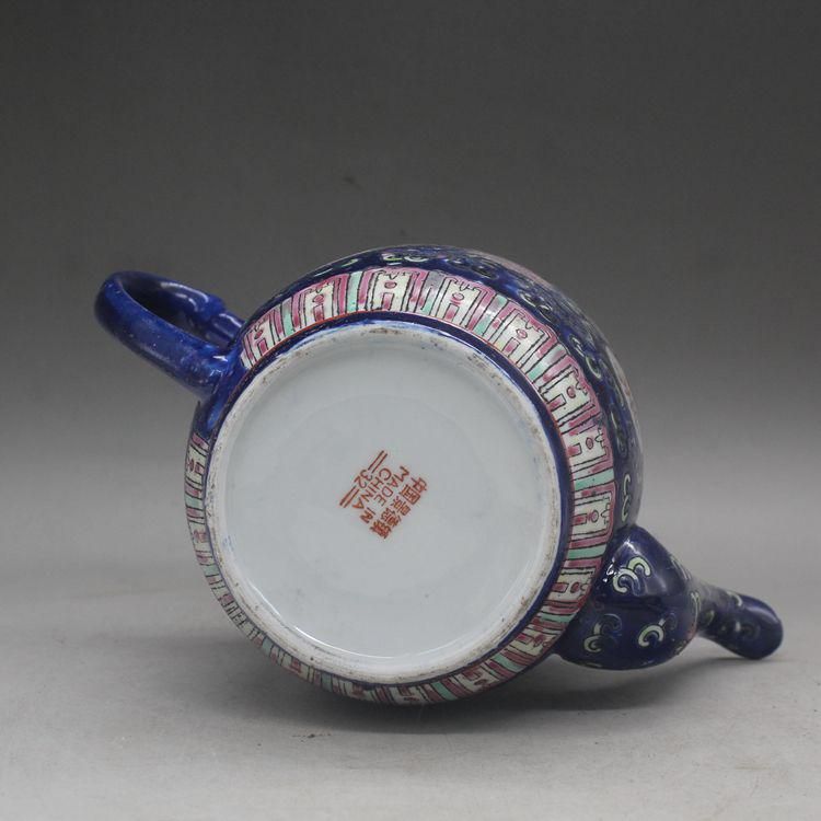 中国美術 藍釉万寿の壷 茶杯 景徳鎮 陶磁器 現代工芸品 美術品