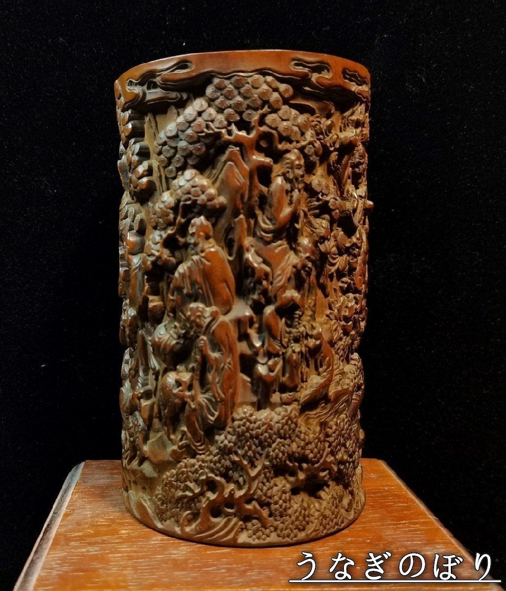 美品・未使用新品】 ペン立て 筆筒 筆立 筆桶 手 黄楊木彫刻