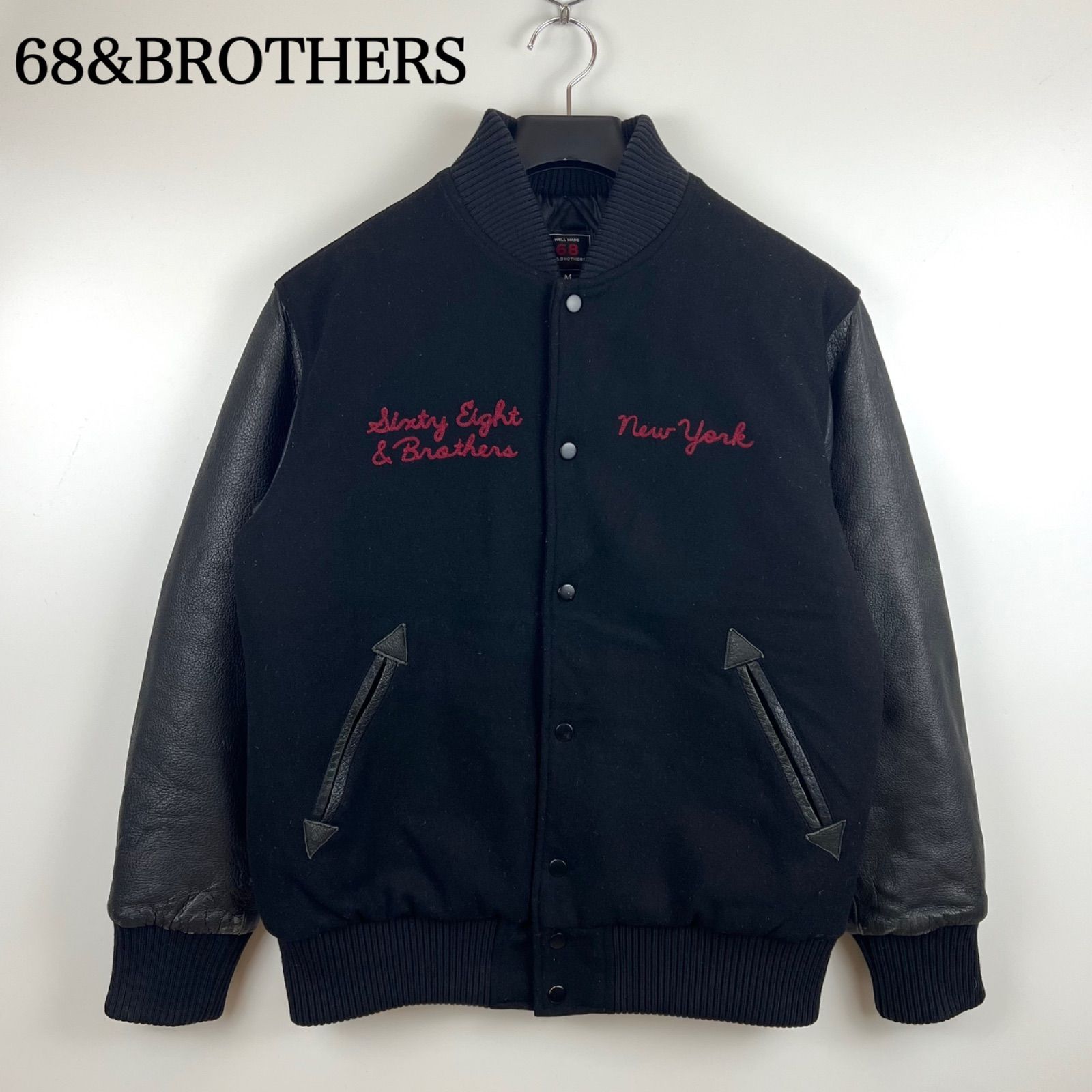 68-BROTHERS melton leather varsity jacket M ロクハチ シックスティエイト スタジャン レザー 本革 チェーン 刺繍 アメカジ レプリカ