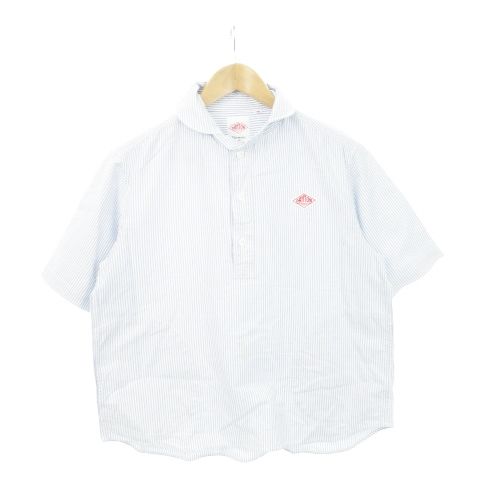 ダントン DANTON Vetements de Travail 半袖シャツ 丸襟 ラウンドカラー ハーフボタン ロゴ コットン ストライプ ポケット 36 S 青 ダントン DANTON Vetements de Travail 半袖シャツ 丸襟
