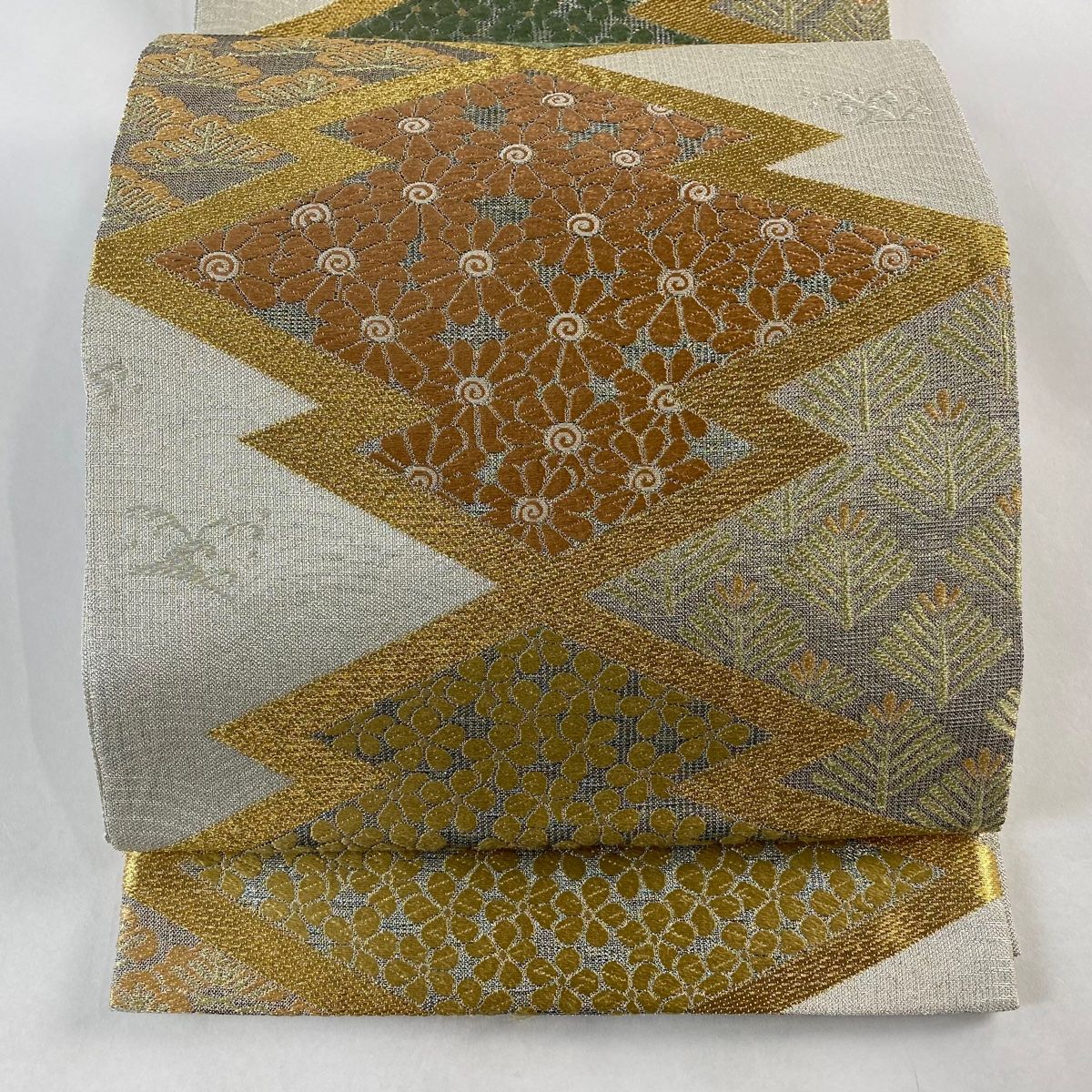 袋帯 秀品 松皮菱 波 唐織 金糸 銀色 六通 正絹