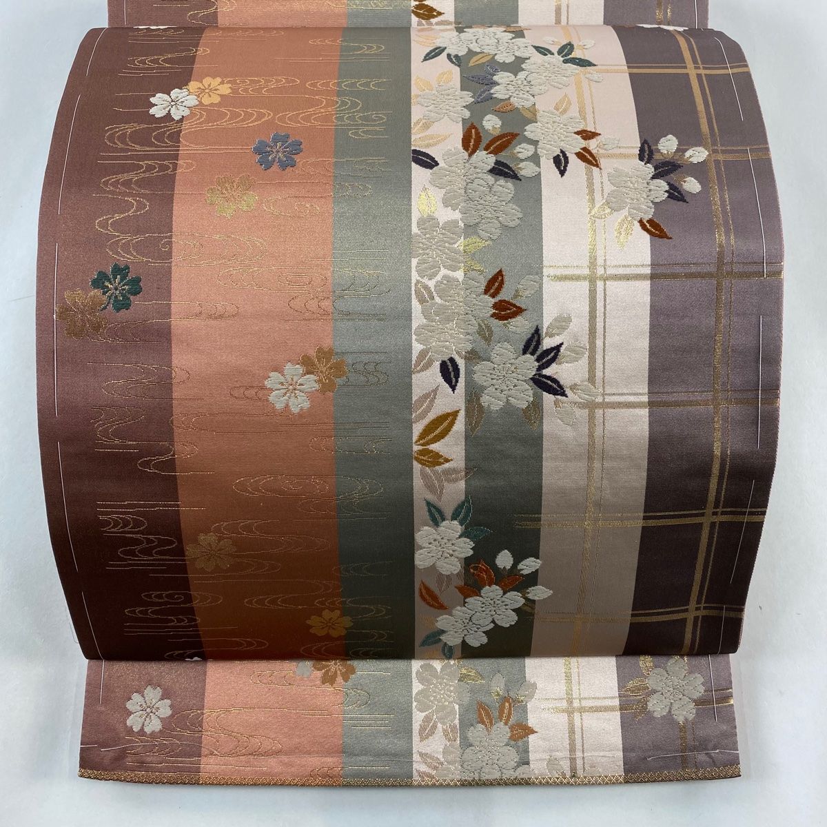 袋帯 美品 秀品 桜 縞 箔 灰紫 全通 正絹 【中古】 - メルカリ