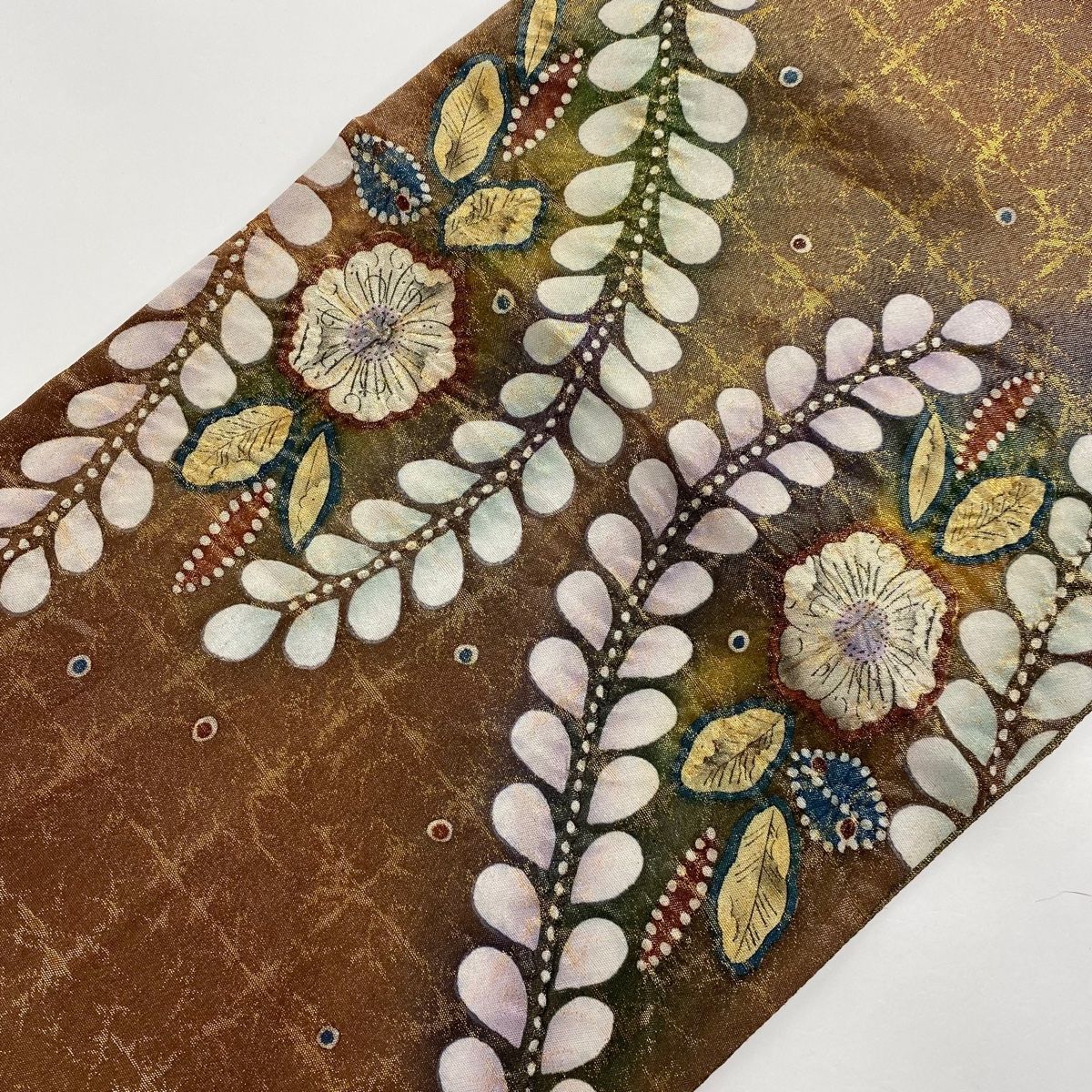 袋帯 美品 名品 落款 辻が花 金糸 箔 茶色 お太鼓柄 正絹 【中古