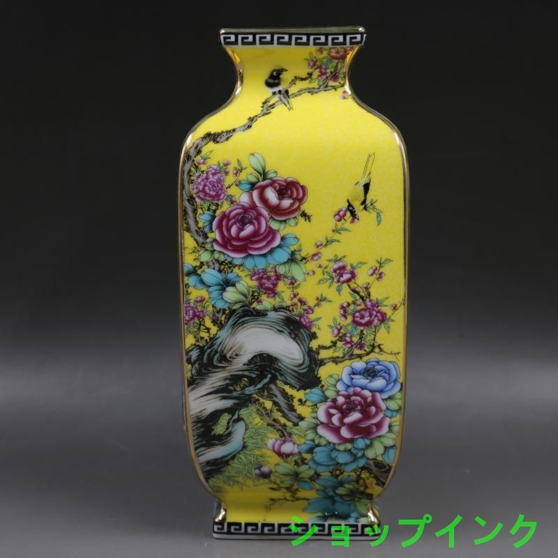 清乾隆黄地琺瑯彩花鳥四方花瓶 景徳鎮 陶磁器 装飾品 現代工芸品