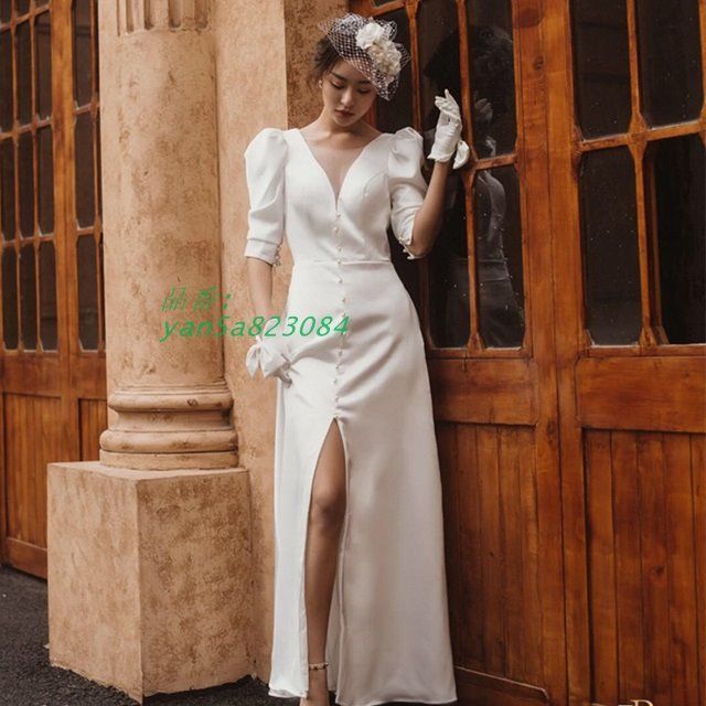 ウェディングドレス 白 ウェディングドレス 大きいサイズ 3L 4L スリット ウエディングドレス ウェディングドレス セクシー 袖あり シンプル 五分袖 yan5a823084