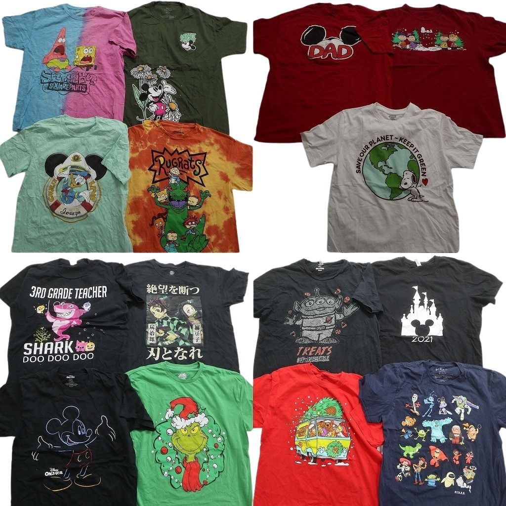 古着卸 まとめ売り キャラクター 半袖Tシャツ 15枚セット (メンズ L /XL ) ミッキー スヌーピー  スポンジボブ 鬼滅の刃 中古 古着 MY0056