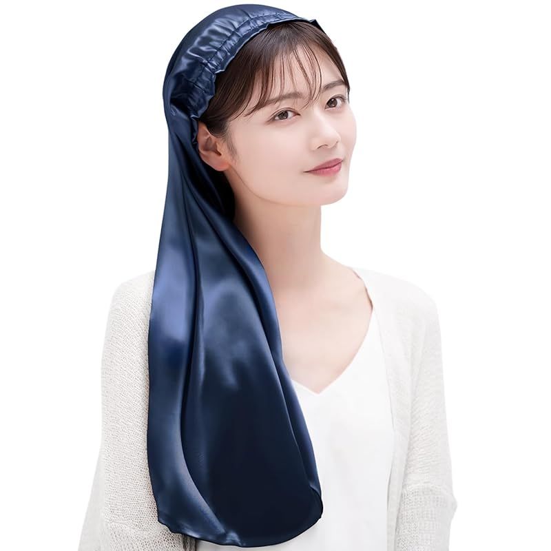 [COCOSILK] シルク ナイトキャップ ロングヘア用 シルクキャップ 筒型 ナイトキャップ ロング 髪 シルク100% 筒 ロングヘア 筒状 ヘアキャップ (60cm， Free Size， ネイビー) 0