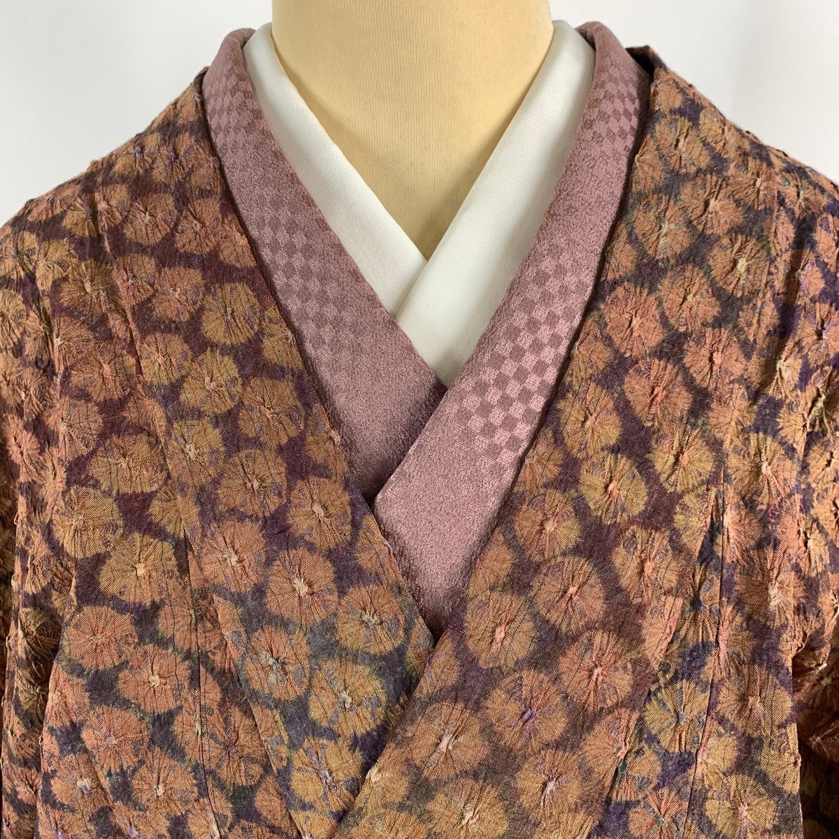 道中着 身丈125.5cm 裄丈64cm M 和装コート 着物衿 絞り 赤茶 正絹 美  