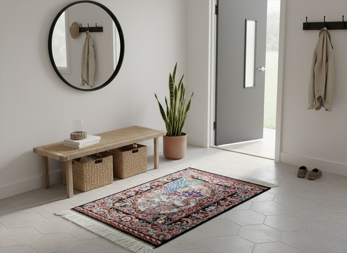 ペルシャ絨毯 ネイアブリシャム ハイブリッド 玄関マット 90x60cm 風景画 楽園 孔雀 PS10739