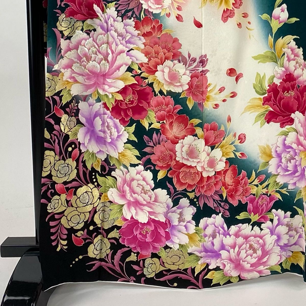 振袖 身丈167cm 裄丈69cm L 袷 牡丹 薔薇 箔 金糸 深緑 正絹