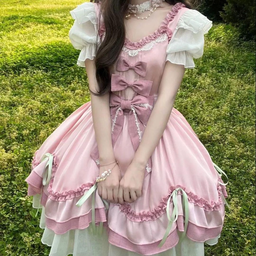 ピンク フリル付きロリータドレス 半袖 ゆめかわいい 姫 お嬢様 森ガール 仮装 ピンク フリル付きロリータドレス 半袖 ゆめかわいい 姫 お嬢様