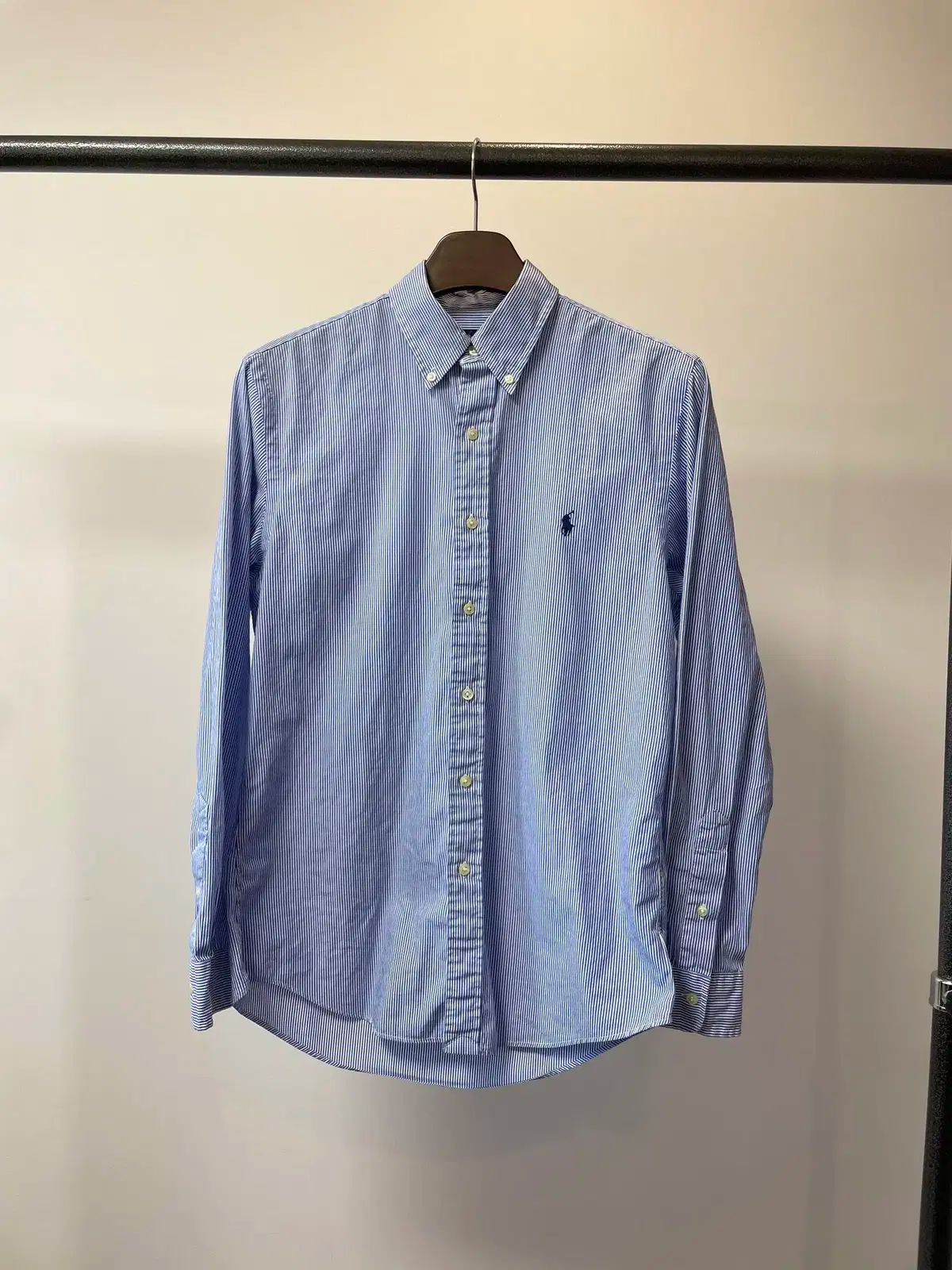 M ポロ Ralph Lauren ラルフローレン ストレッチ コットン スリムフィット 青 ストライプ シャツ