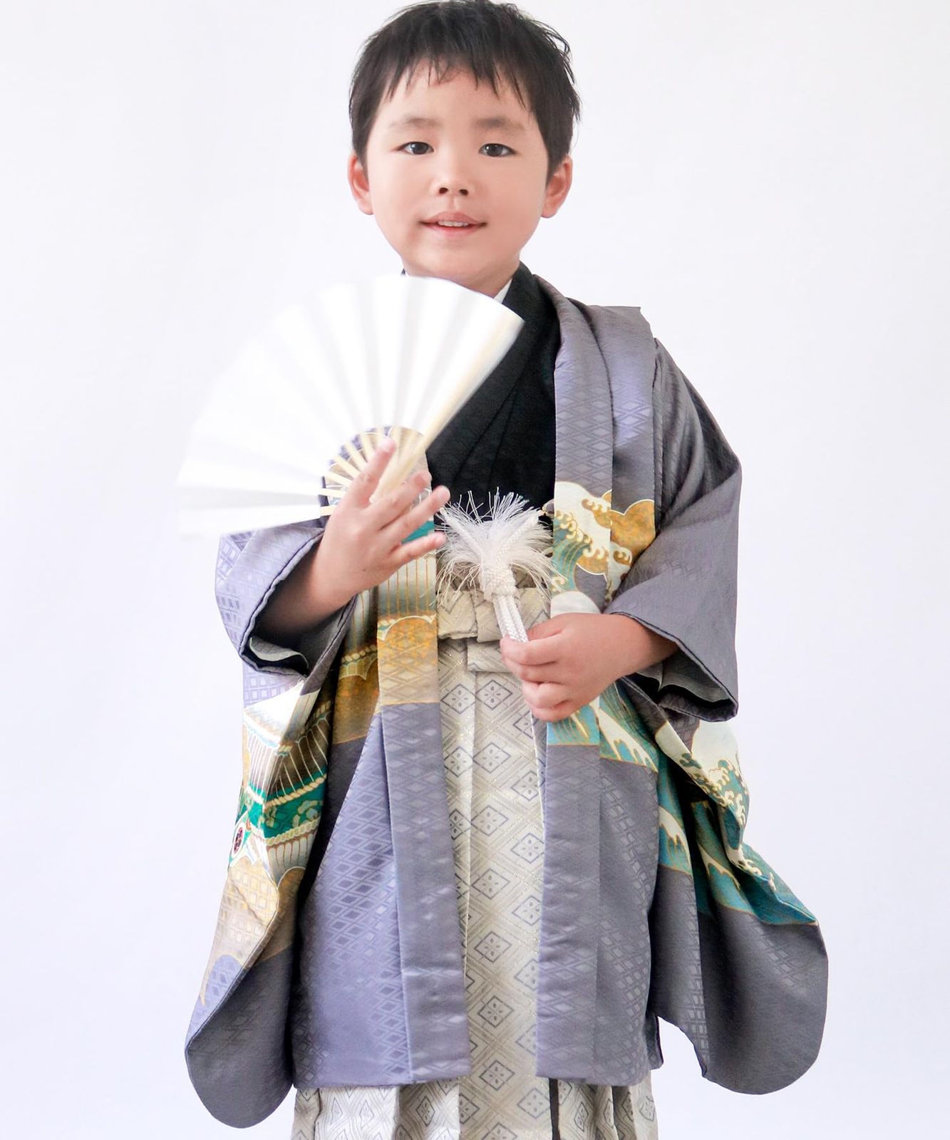 KYOETSU キョウエツ 七五三 5歳 男の子 着物 セット 羽織 袴 フルセット 753 鷹兜松 B 06 兜龍-灰 業平菱 紐下60 cm
