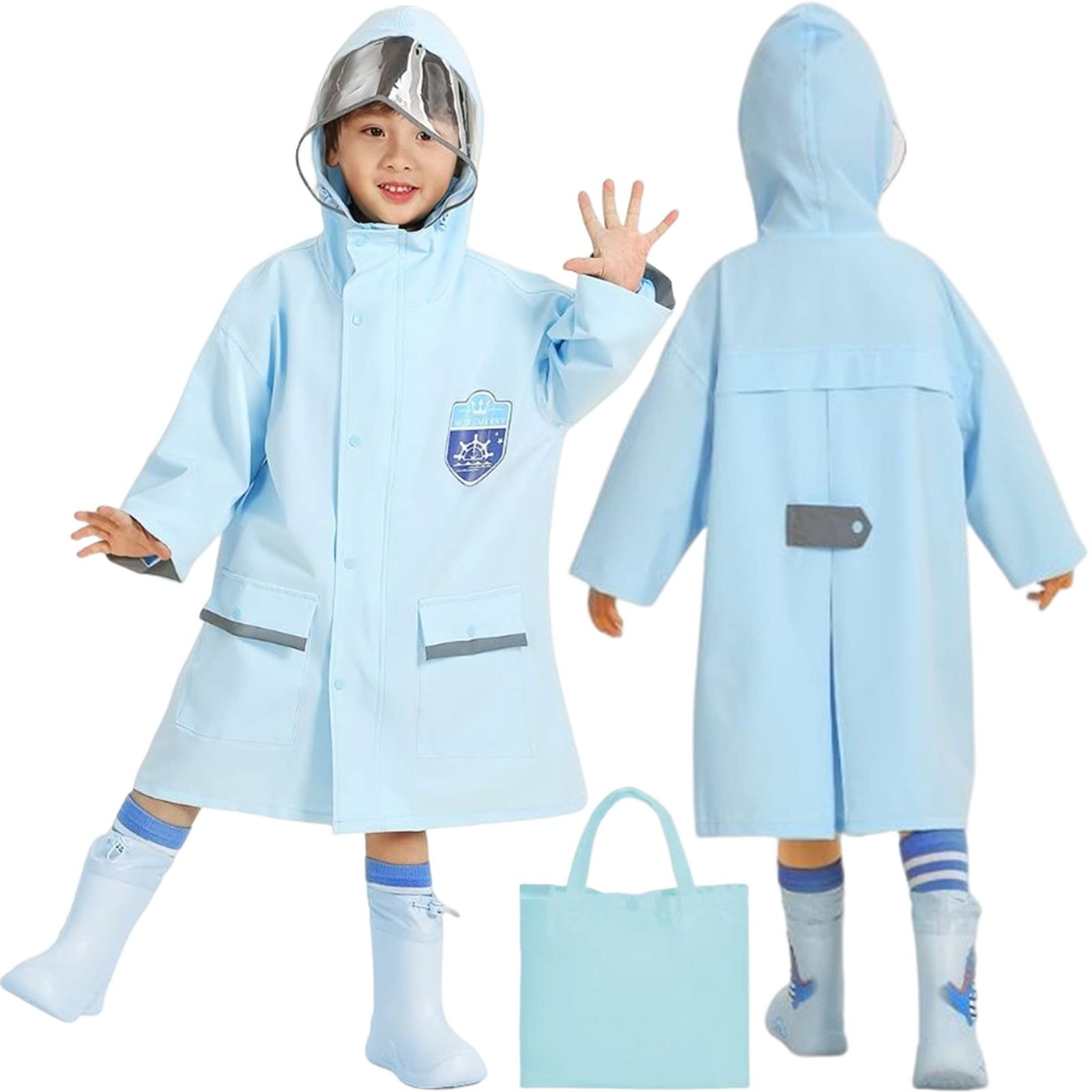 [十色屋] 【保育士推薦】 レインコート キッズ かわいい カッパ レインウェア ポンチョ 雨具 ランドセル対応 女の子 男の子 通学 厚手 はっ水 防水 収納袋付き (ブルー， M) [ブルー] [M]