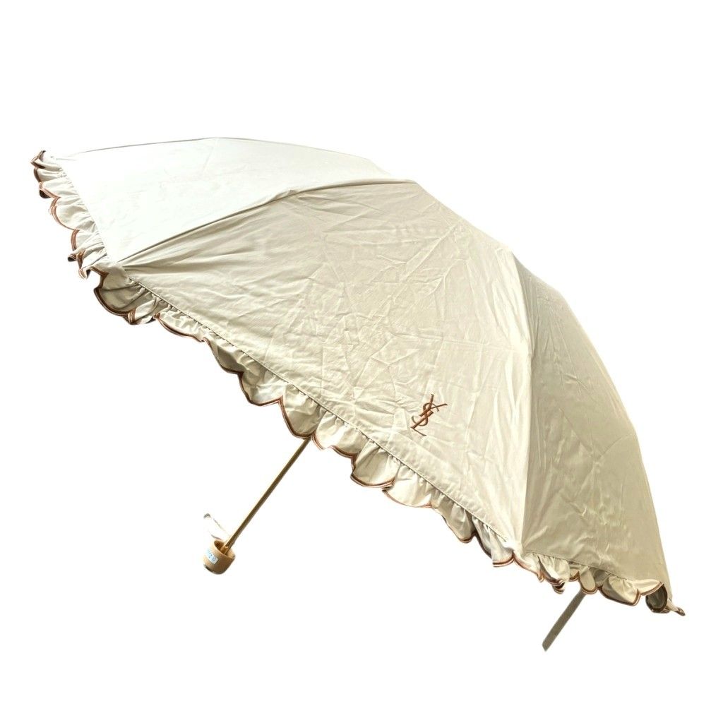 【美品】イヴ・サンローラン　日傘　フリル　ドット　ベージュ 美品】イヴ・サンローラン 日傘 フリル ドット ベージュ 楽天
