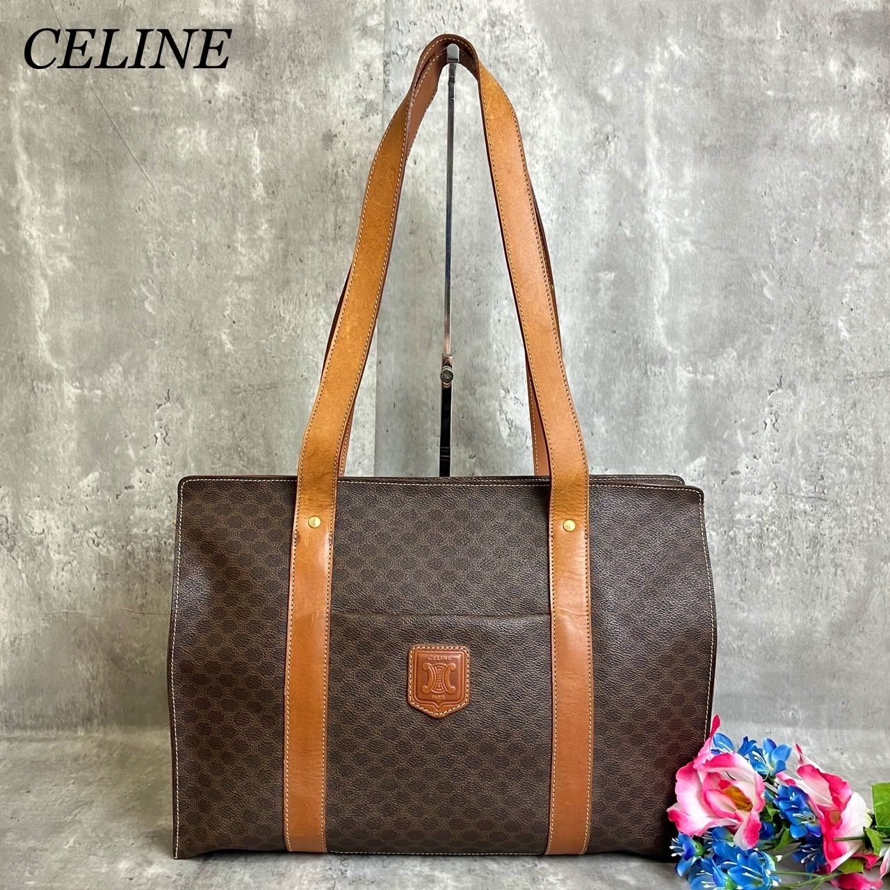 CELINE トートバッグ　大容量　A4可　レザー　マカダム　ゴールド金具 セリーヌ CELINE マカダム トート バッグ PVC レザー ブラウン