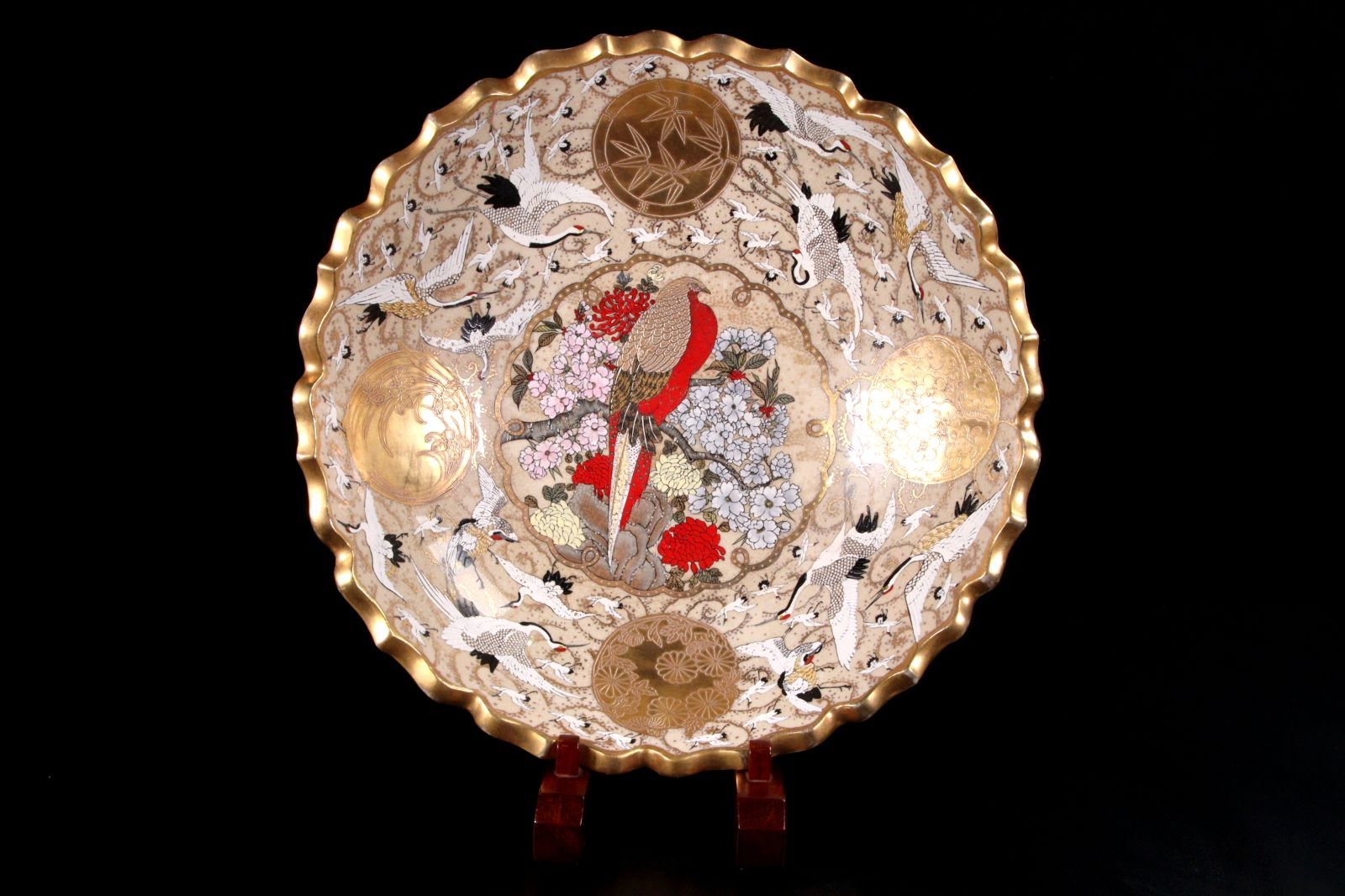 薩摩焼 金襴手 群鶴花鳥図鉢 40cm 箱付 唐物 骨董 古美術 楾