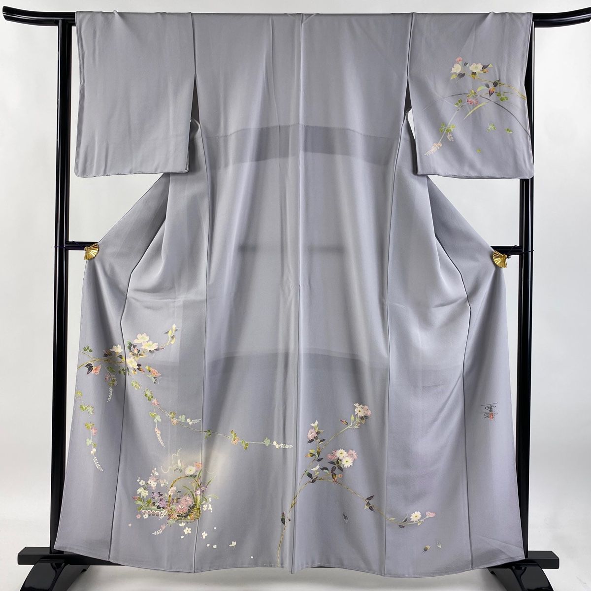 訪問着 身丈161cm 裄丈64cm M 袷 百貫石峰 落款 椿 花籠 ぼかし 灰紫