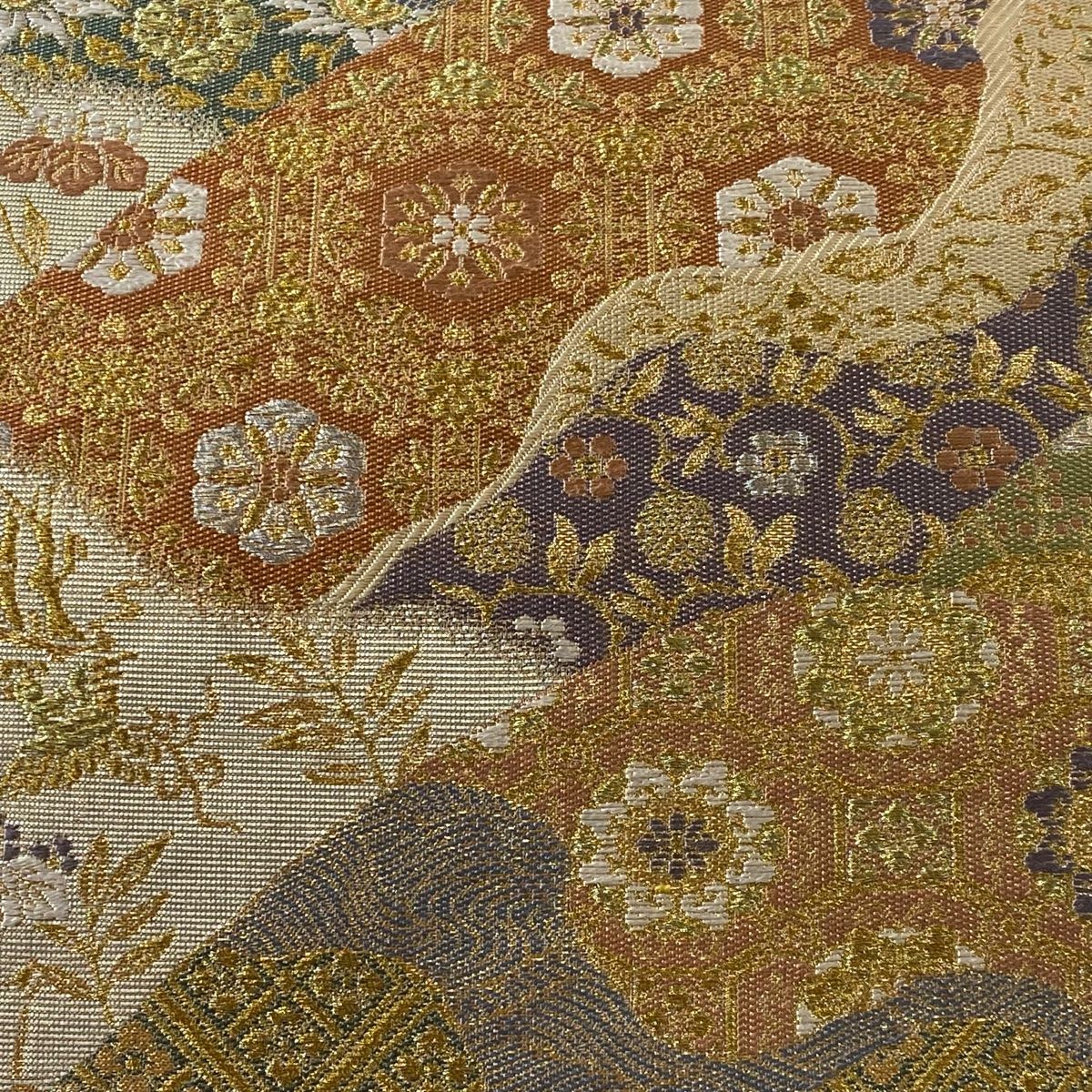 袋帯 美品 秀品 草花 蜀江華文 金銀糸 刺繍 クリーム 六通 正絹