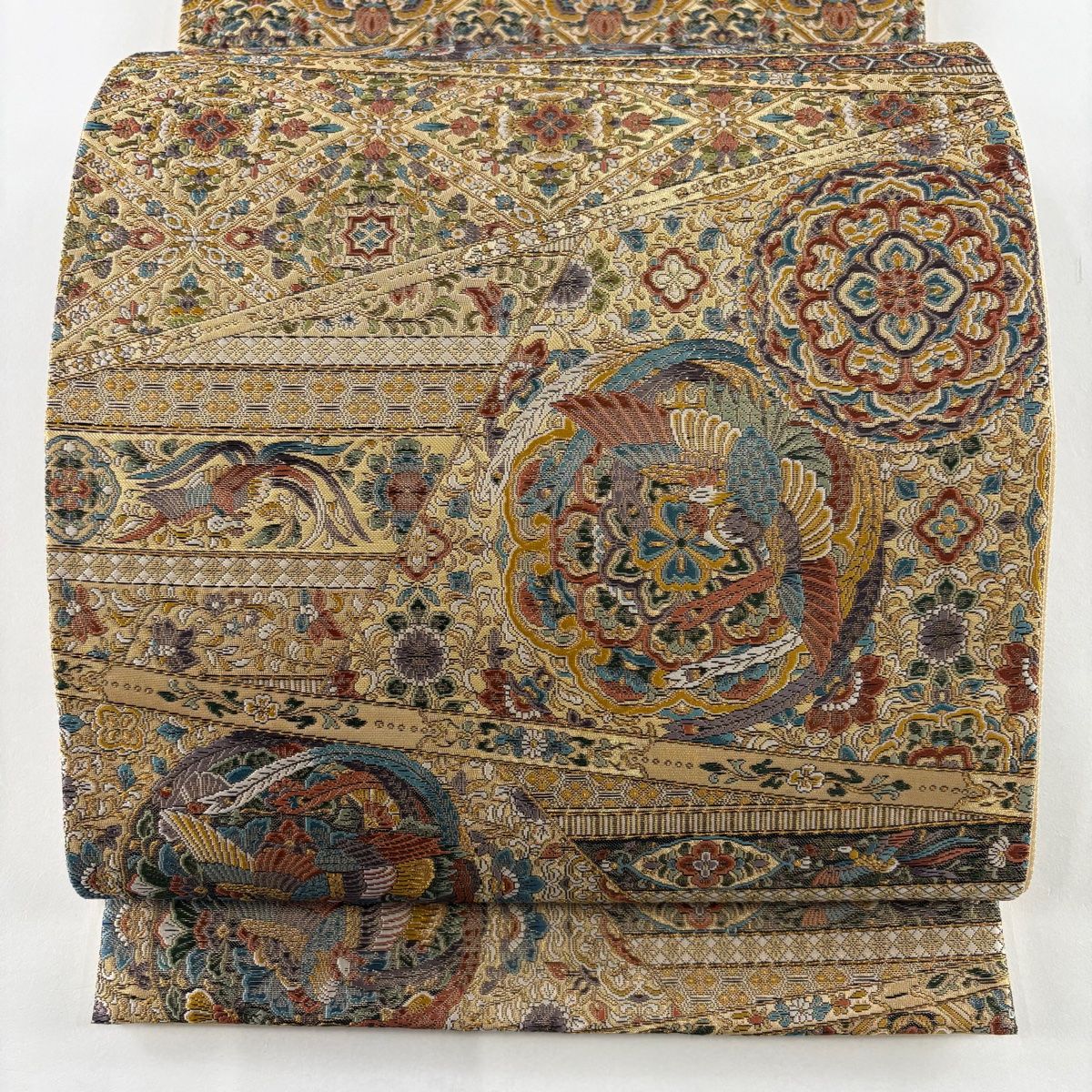 袋帯 秀品 裂取丸華文 花鳥 金糸 ベージュ 六通 正絹