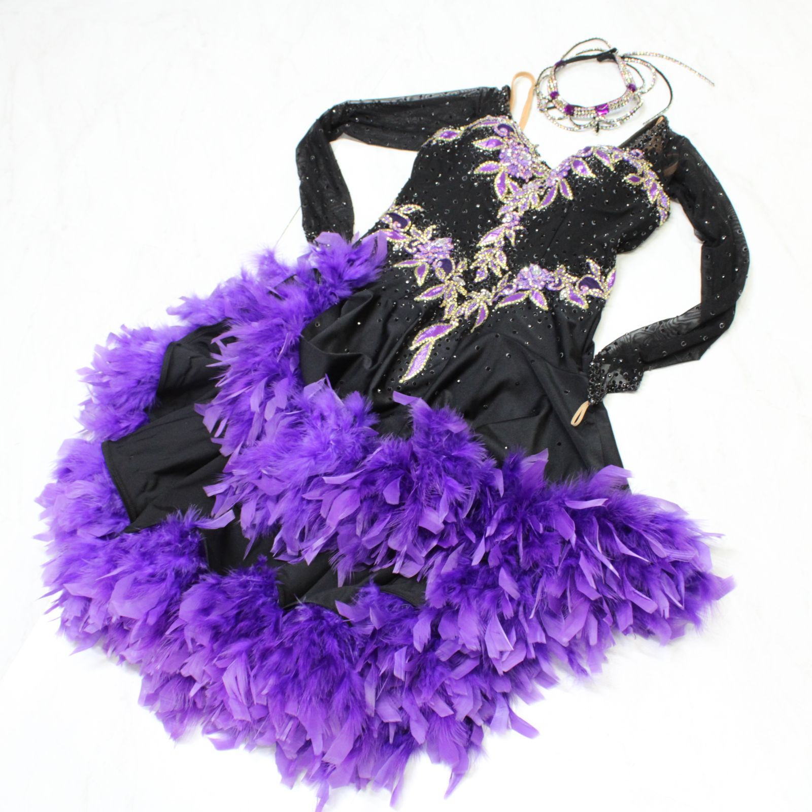 社交ダンス衣装】パープル×豪華フリル ラテンドレス ワンピース 紫