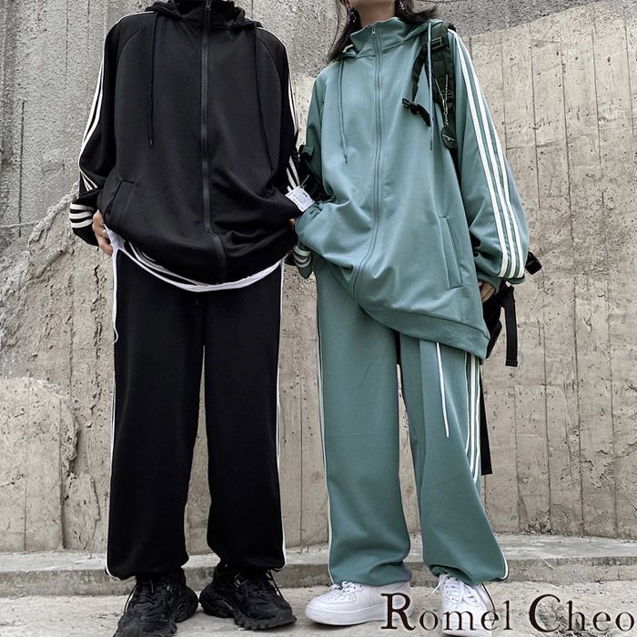 RomelCheo ラインジャージセット 長袖 セットアップ 上下セット フード