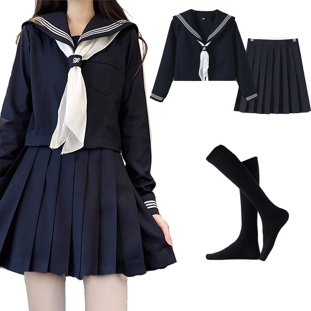 女子制服中学  本物　ブラウス、セット　コスプレ 新品 [City Sea Sky] セーラー服 大きいサイズ 長袖 紺色 前開き