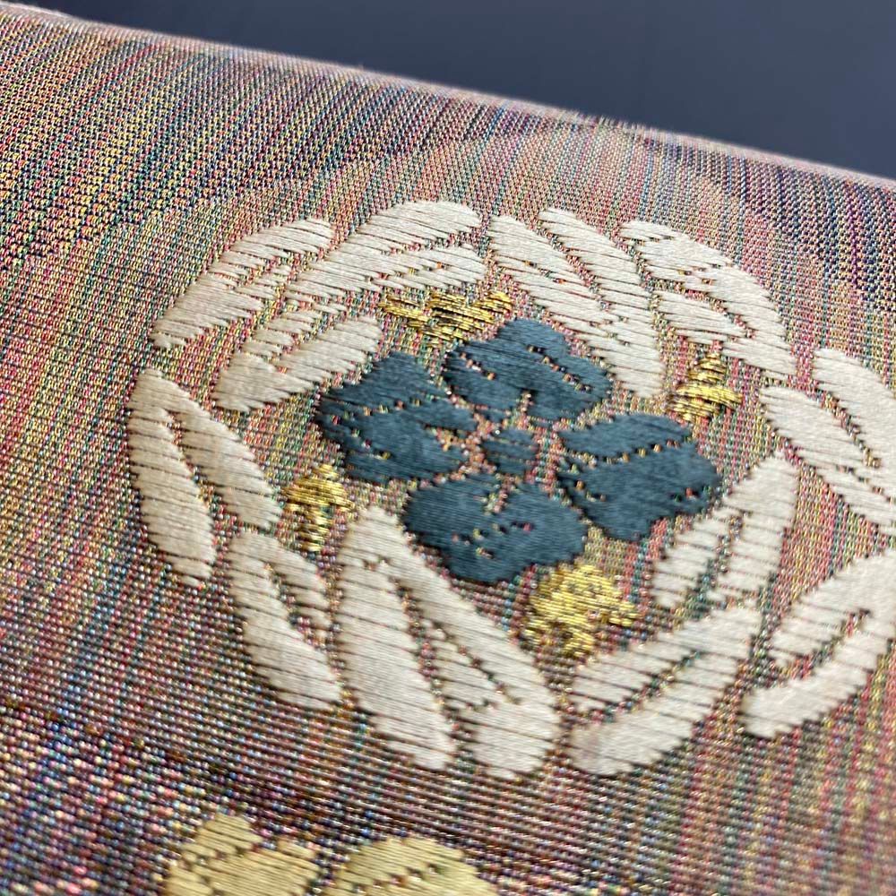 袋帯 洒落帯 刺繍 花柄 ラメ入り 総刺繍 中古 リサイクル 全体柄  