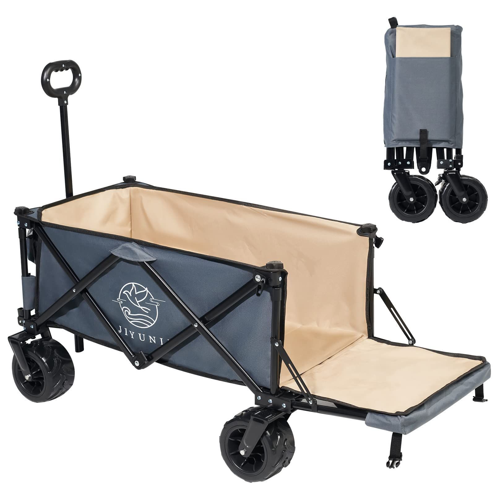 キャリーカート 折り畳み式 耐荷重120kg 大容量 キャンプカート 長物対応 大型タイヤ 自立収納 ワンタッチ収束式 アウトドアワゴン キャンプワゴン ブレーキ ポケット付き キャリーワゴン BBQ 釣り キャンプ JIYUNII 運動会 買い物適用