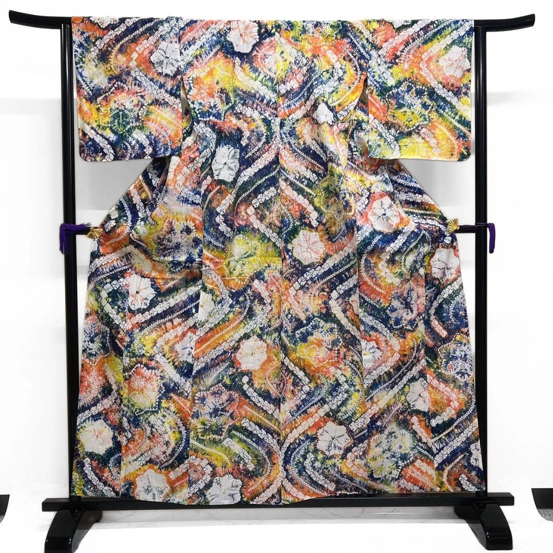 未着用 浴衣 有松鳴海絞り 花模様 カラフル ぼかし染 着物 054a d