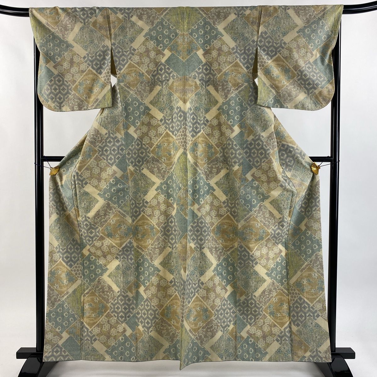 結城紬 身丈161.5cm 裄丈67.5cm L 単衣 本場結城紬 奥順 証紙 花 寄せ柄 薄黄 正絹