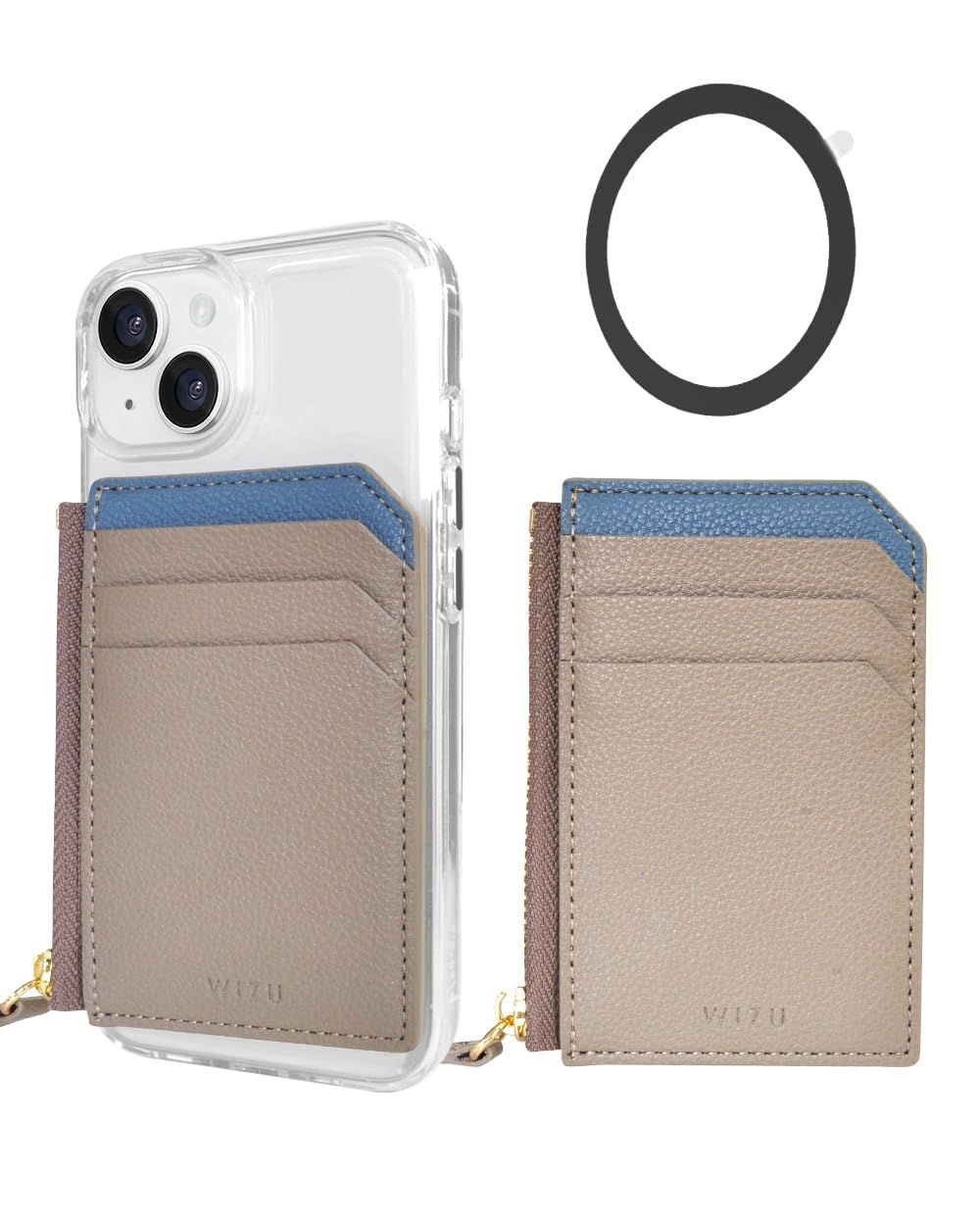 [wizu] ウィズユー カードフォルダー MagSafe対応 ファスナー付き カード入れ 財布 レザー マグネットシール付き バイカラー Greige × Blue [Greige×Blue]