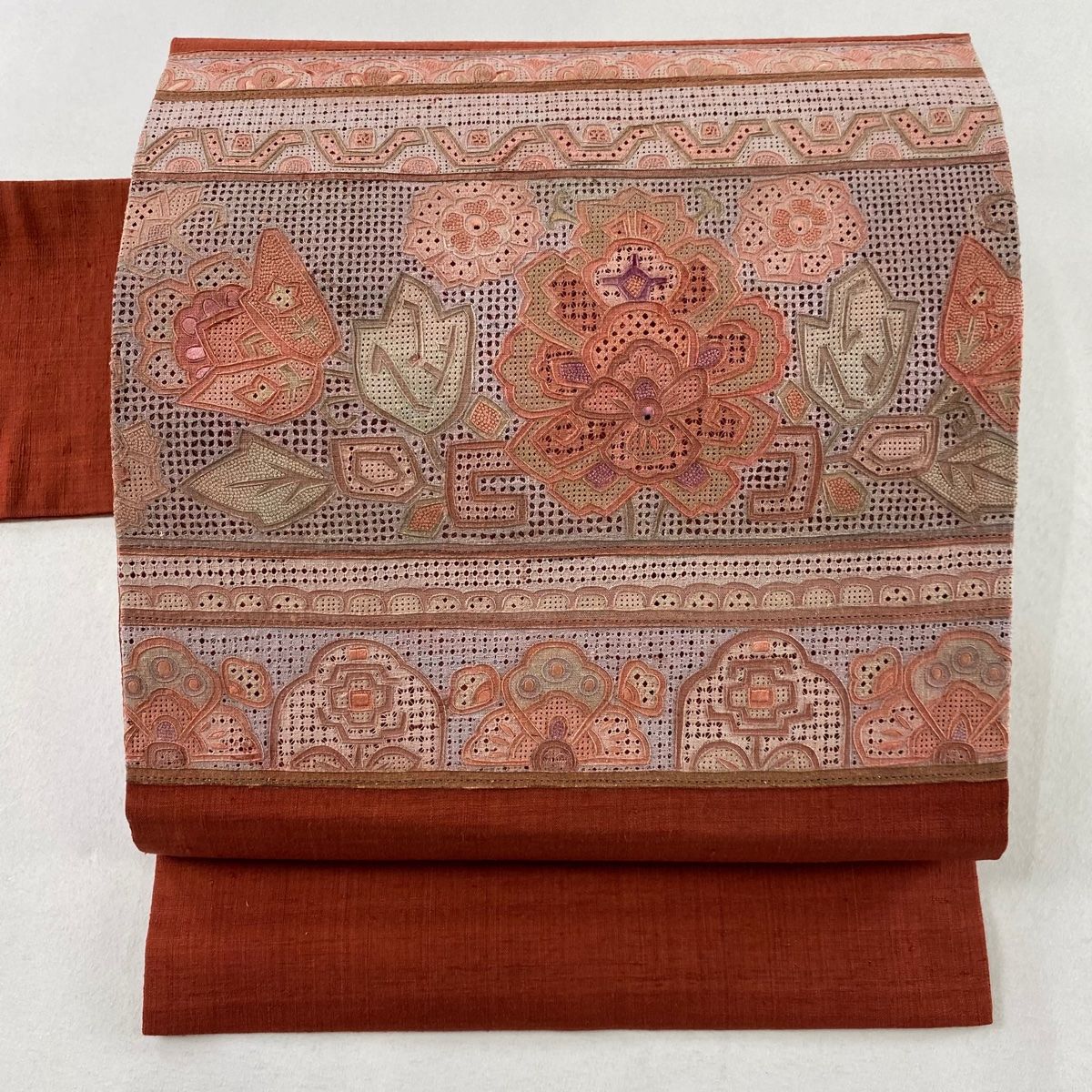 名古屋帯 美品 秀品 縞 花唐草 赤茶 正絹 中古